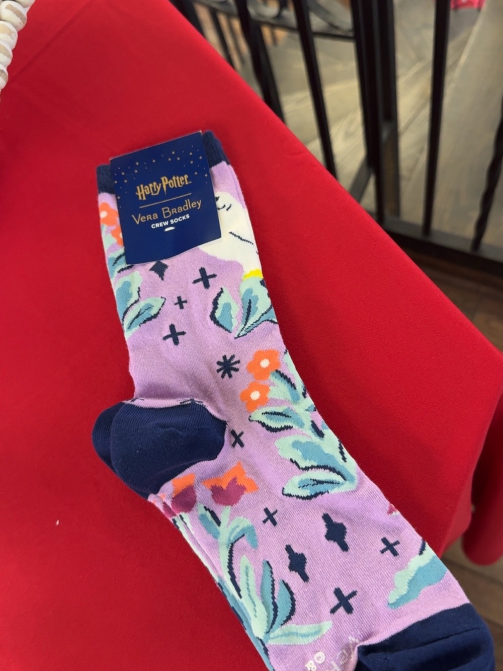 Vera Bradley Lavender Floral Crew Socks with Navy Accents